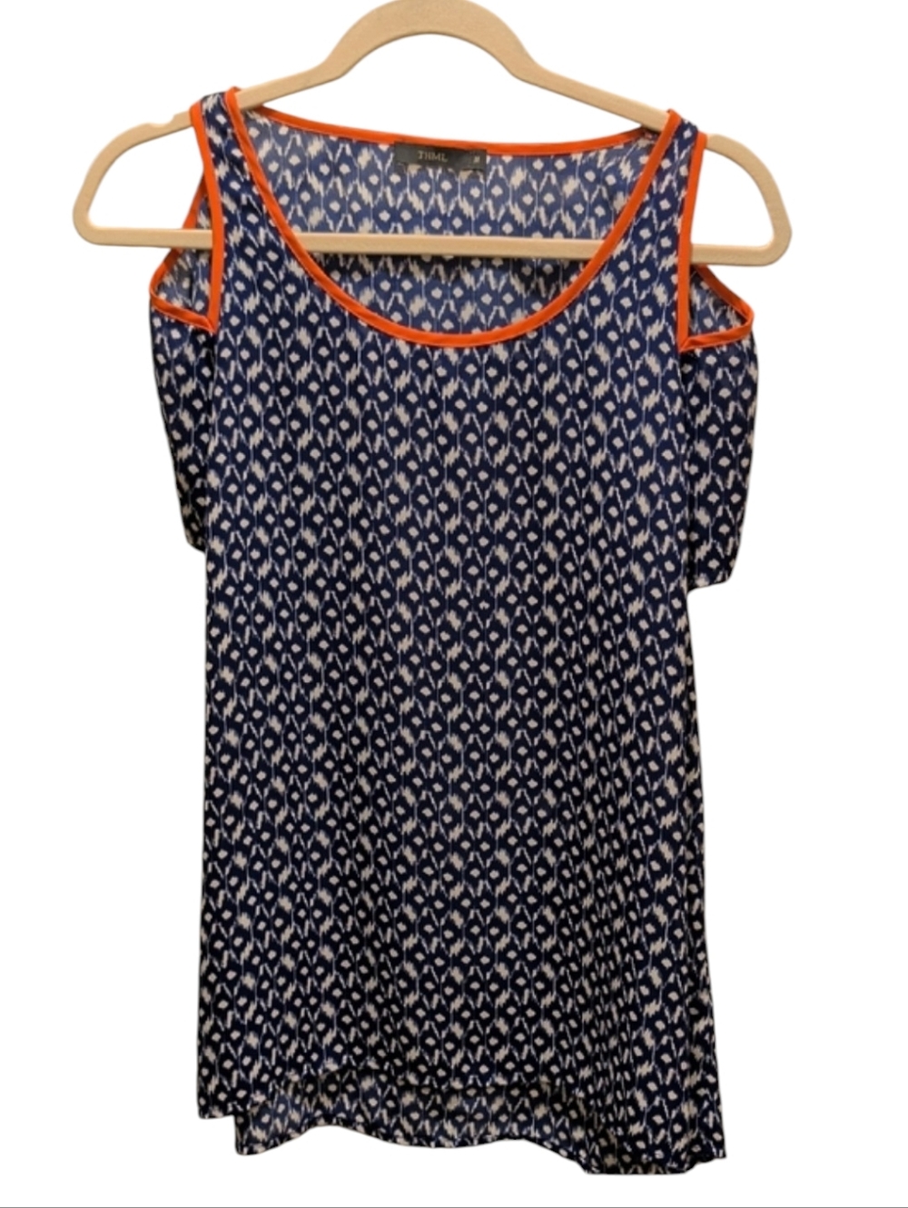 THML Navy and White Ikat Blouse with Orange Trim